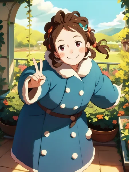 score_9, score_8_up, score_7_up, 1girl, big coat, fluffy clothes, leaning forward, v, light smile, looking at viewer, garden, dynamic pose, cowboy shot, brown hair, hair ornament,
<lora:StudioColorido_Style:1>StudioColorido