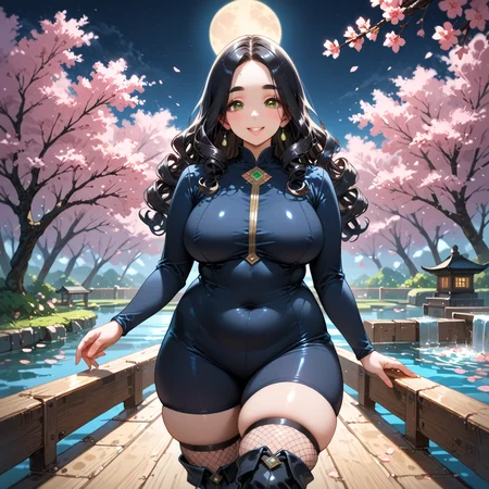 PonyScores7, source_anime, rating_safe, ah1, 1girl, (curly hair), long hair, (black hair), mature female, (parted hair:1.7), (round face:1.2), (no_bangs:1.3), (no_fringe:1.6), (thick eyebrows), (curvy), round-chin, (greenish hazel eyes), caucasian, (downturned eyes:1.2), (plump face), <lora:ETO_OCPonyXL:0.5> eto_oc, skindentation, (plump:1.2), thick thighs, wide hips, busty, voluptuous, kinky curls, lips, bad-hands-5, <lora:venus body PonyXL:0.8>, <lora:xl_more_art-full_v1:0.4>, <lora:shinyskin2:0.3> glistening skin, <lora:aesthetic_anime_v1s:0.4>, <lora:Expressive_H:0.4> Expressiveh, <lora:hairdetailpxl:0.4> hairdetailpxl, <lora:EpicF4nta5yXL:0.4>, <lora:detailxl:0.4> detailxl, <lora:Fant5yP0ny:0.4>, best quality, amazing quality, best aesthetic, absurdres, <lora:expressive eyes:0.4> expressive eyes, <lora:eyedetailpxl:0.4> eyedetailpxl, illustration, Volumetric_Lighting, ultra-detailed, very aesthetic, intricate details, 8k, masterpiece, best_quality, smile, (from behind), (a romantic dance under the full moon), (edo castle Courtyard, Expansive open space with meticulously manicured gardens, cherry blossom trees in full bloom, a koi pond with a wooden bridge, stone lanterns lining the paths, the faint sound of flowing water from a fountain), (enigmatic black catsuit with sheer panels, fishnet stockings, pointed boots),