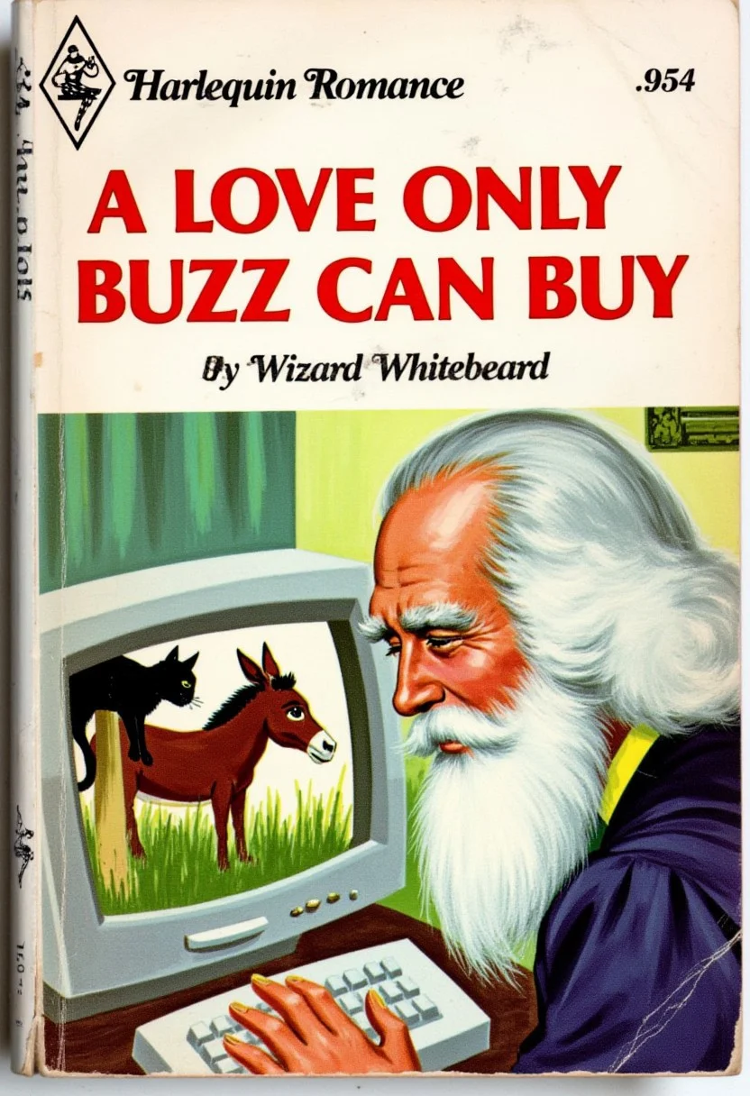 a Harlequin romance book cover with the title "A Love Only BUZZ CAN BUY" by author Wizard Whitebeard. Cover features old wizard with white beard sitting by his computer, the screen shows an image of a donkey and a black cat