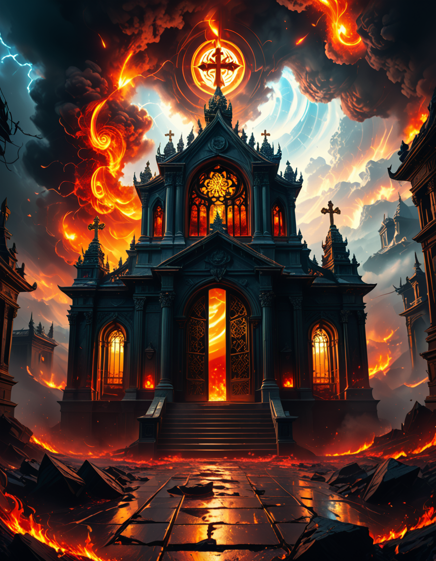 A once-majestic celestial temple, now under siege by the forces of Hell. The grand white stone structure is cracked and scorched, its golden crosses twisted and broken. The stained-glass windows, once glowing with warm divine light, are now shattered, with demonic symbols glowing ominously in their place. The sky, once a serene blue, is now consumed by dark storm clouds, swirling with red lightning and thick smoke.
Black, jagged chains extend from the sky, wrapping around the temple as if trying to pull it down into the abyss. The once-fluffy clouds beneath the structure are now a chaotic mix of fire, ash, and dark mist, with glimpses of molten lava cracks below. Infernal creatures with glowing red eyes lurk in the shadows, their silhouettes barely visible through the smoke and fire.
The temple doors are blown open, revealing an eerie red glow emanating from within, as if Hell itself is consuming the sacred space. Massive demonic runes are etched into the stone, pulsating with an unholy energy. The entire scene is bathed in a deep crimson and orange glow, giving it an apocalyptic and nightmarish atmosphere.
Style & Lighting:
- Dark fantasy, highly detailed
- Dramatic, high-contrast lighting with fiery glows
- Cinematic composition, epic scale
- Strong use of shadows, embers, and atmospheric foghighly detailed and atmospheric view from inside a massive birdcage, large enough for a human to stand inside. The cage is made of ornate, aged metal bars with intricate Victorian-style patterns, curving elegantly towards the domed ceiling. Sunlight filters through the gaps between the bars, casting long, dramatic shadows on the wooden floor. Delicate vines and small flowers have begun to grow around the bars, adding a touch of nature reclaiming the space. The background beyond the cage is blurred, hinting at a lush garden or a mysterious, abandoned mansion. The ambiance is serene yet slightly melancholic, with warm golden light illuminating dust particles floating in the air. Soft feathers are scattered on the floor, adding to the sense of quiet abandonment. The perspective makes the viewer feel as if they are inside the cage, looking outward, surrounded by both beauty and confinement. The style is highly detailed and realistic, with a cinematic and slightly surreal atmosphere.
<lora:SDXLFaeTastic2400:0.4> <lora:extremely_detailed:0.4> extremely detailed,evil celestial t3mpl3, <lora:evil_celestial_t3mpl3-p:1>, Masterpiece,best quality,hi res,8k,hi res,8k,award winning,(sharp focus, intricate, highly detailed),