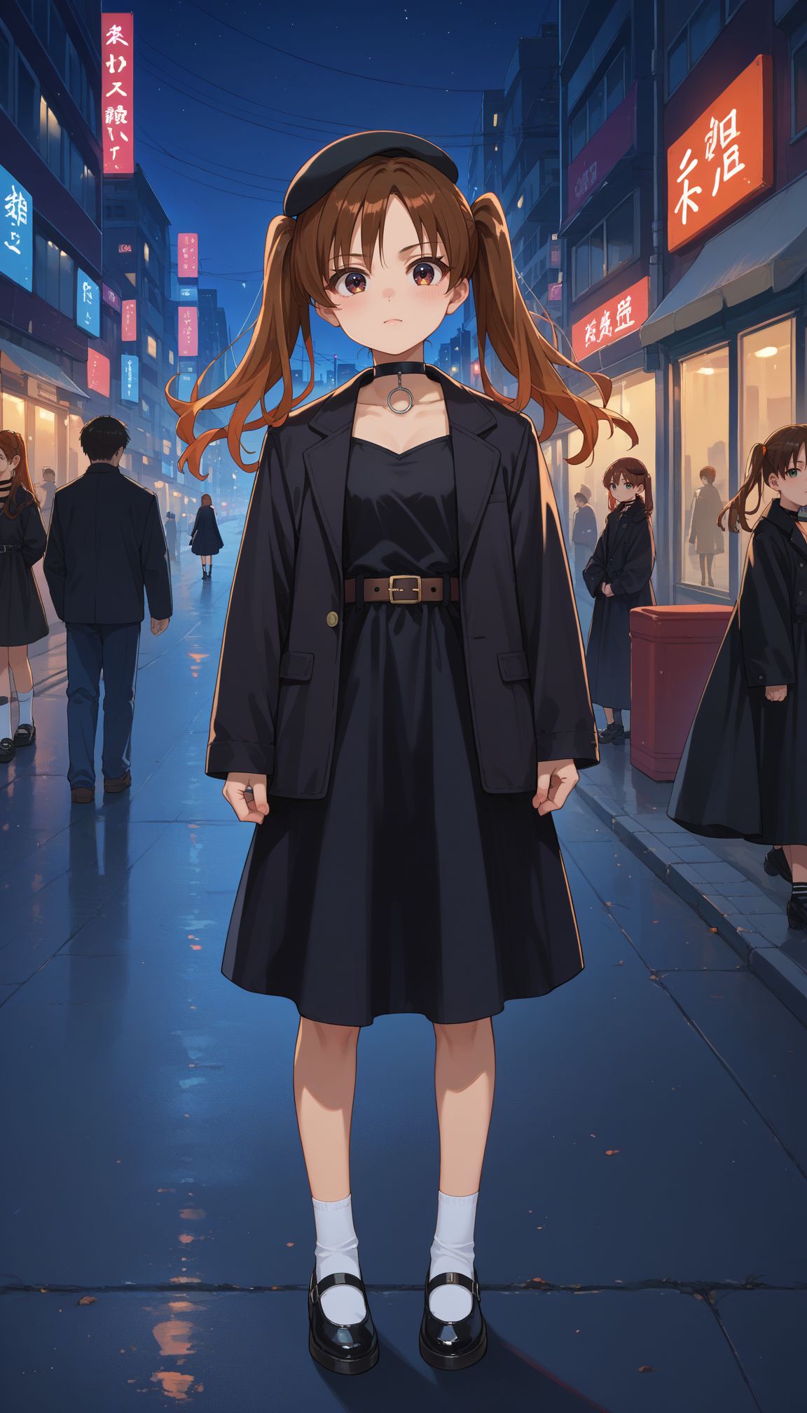 score_9, score_8_up, score_7_up, source_anime <lora:Ootsuki Yoyoko:0.8> Otsuki Yoyoko, beret, twintails, choker, black jacket, open jacket, black dress, long sleeves, belt, socks, black footwear, full body, looking at viewer, outdoors, night, city, street,