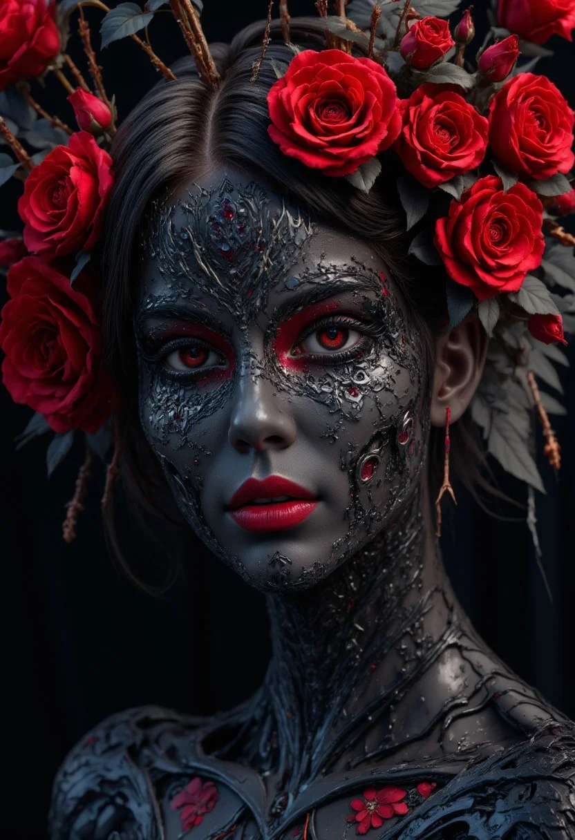 close up of the face of a dark witch goddess beauty hybrid made entirely of visually stunning (black, white and red roses:1.5) black candle wax with beautiful red and white roses all over her face painted for Los Dias De Los Muertos, saturated paint covers her beautiful face and skin, painted highlights with her sexy female body scantily covered, day of the dead, pixar style, friendly but fierce face, deep enchanted land of the dead and dreams, moonlight, beautiful lighting, Dynamic, Stylish, Intricate, Expertly crafted, Ambient Lighting, reflection shot,