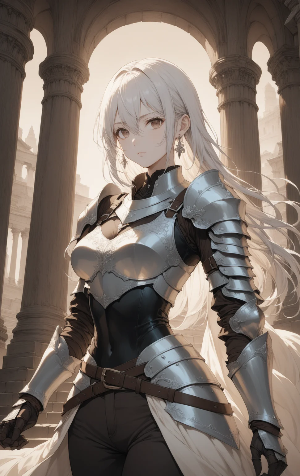 masterpiece, best quality,
1girl, breasts, armor, looking at viewer, shoulder armor, belt, cleavage, white hair, long hair, gloves, solo, pants, earrings, medium breasts, jewelry, cleavage cutout, black gloves, pauldrons, closed mouth, hair between eyes, standing, cowboy shot, pillar, black pants, gauntlets, breastplate, sepia tones,
highres, 4k, 8k, intricate detail, cinematic lighting, amazing quality, wallpaper <lora:aesthetic_anime_v1s:1>