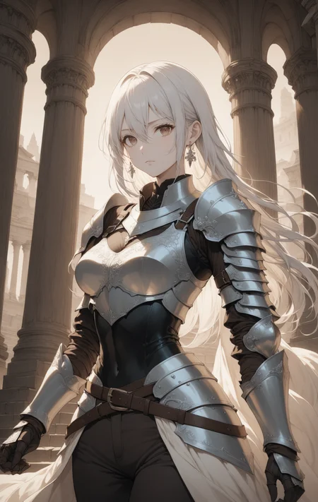 masterpiece, best quality,
1girl, breasts, armor, looking at viewer, shoulder armor, belt, cleavage, white hair, long hair, gloves, solo, pants, earrings, medium breasts, jewelry, cleavage cutout, black gloves, pauldrons, closed mouth, hair between eyes, standing, cowboy shot, pillar, black pants, gauntlets, breastplate, sepia tones,
highres, 4k, 8k, intricate detail, cinematic lighting, amazing quality, wallpaper <lora:aesthetic_anime_v1s:1>
