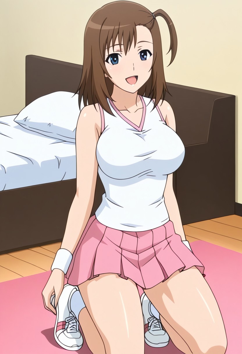 1girl, bedroom, looking at viewer, happy, BREAK, momoka nakayama joshikousei no koshitsuki anime style, one side up, medium hair, brown hair, blue eyes, large breasts, BREAK, momoka nakayama ep2 tennis outfit, tennis uniform, white tank top, wristband, pink skirt, pleated skirt, white socks, sneakers,