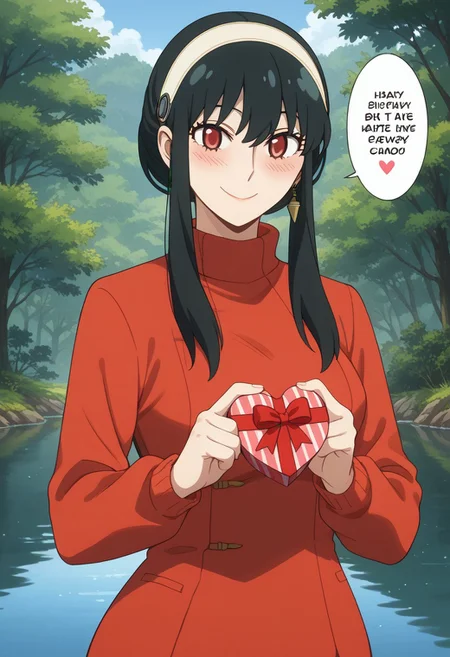 score_9, score_8_up, score_7_up, source_anime,
BREAK,
happy and in love, gentle smile, looking at viewer, Expressiveh, yor briar, black hair, red eyes, sidelocks, hairband, short hair with long locks, white hairband, medium breasts, dress, long sleeves, red sweater, sweater, sweater dress, 1girl, solo, wide hips, blush, text bubble, hearts,
standing, standing straight, one hand on hip, upper body, portrait, holding a heart-shaped gift box,
day, in a fantasy forest near a lake,