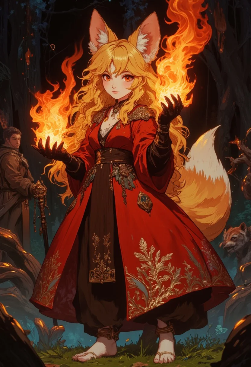 masterpiece, best quality, amazing quality, very aesthetic, perfect eyes, 2boys, boy in background, ,1girl, solo, long_hair, breasts, looking_at_viewer, smile, gloves, red_eyes, dress, animal_ears, closed_mouth, cleavage, medium_breasts, standing, collarbone, tail, full_body, outdoors, barefoot, hand_up, orange_hair, night, :3, red_dress, grass, fire, furry, brown_gloves, furry_female, body_fur, animal_nose, brown_fur, snout, yellow_fur, tiger_girl, raccoon_girl, animal_feet, striped_tail, embers, orange_fur, multicolored_fur, fiery_hair, pyrokinesis,A digital drawing of a cute anthropomorphic fox character with a long, flowing mane and tail, wearing a red dress with gold embroidery. She has large, expressive red eyes and a friendly expression. The background is a dark, smoky forest with hints of greenery. The character is holding two glowing flames in her hands. The art style is detailed and vibrant, with a fantasy theme. The fox is standing confidently in the center of the image.
