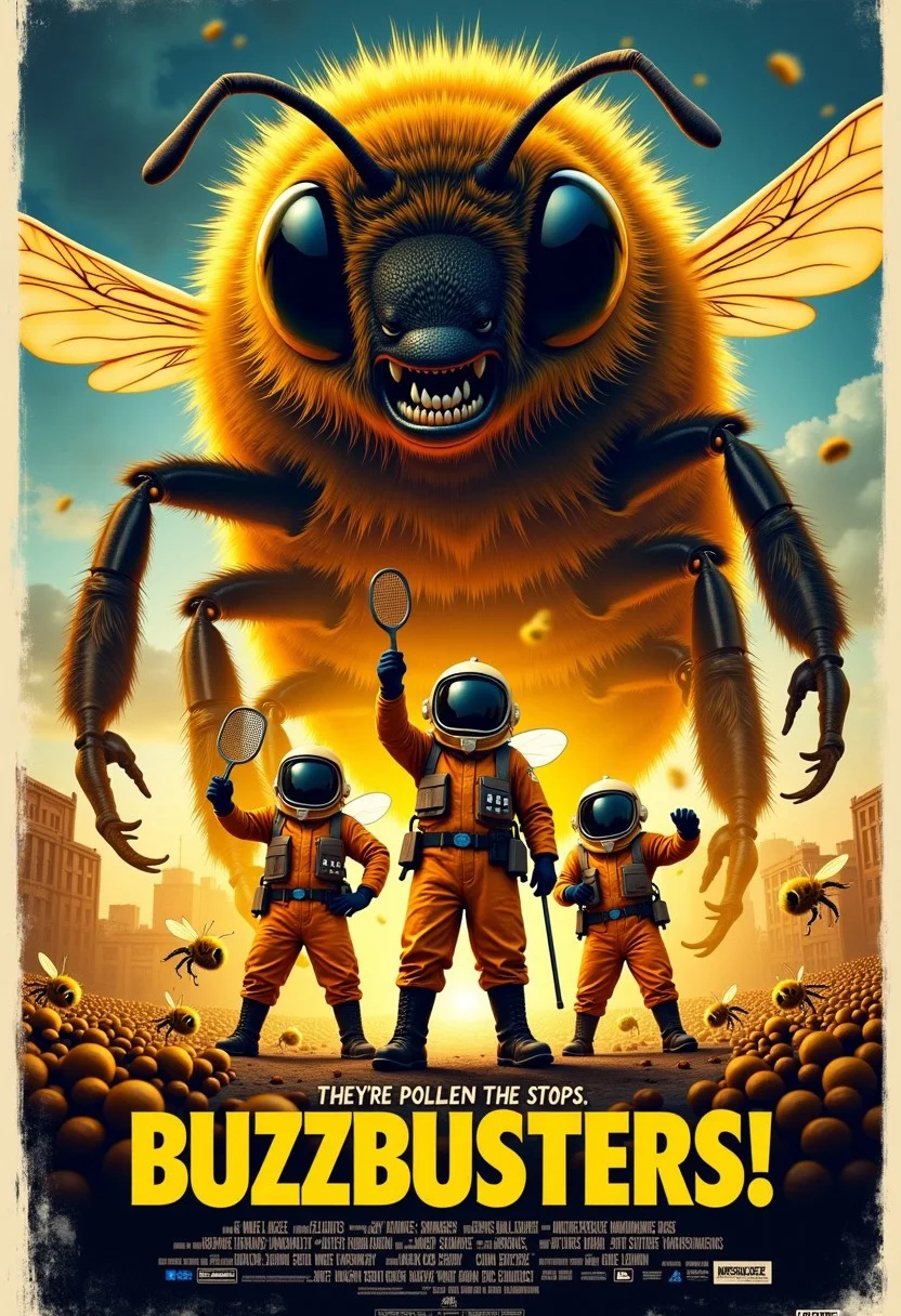 Retro movie poster style, comedic parody. Three exterminators in hazmat suits modified with mesh face guards, flower-patterned proton packs, flyswatters as weapons. Giant angry cartoon bee looming menacingly in background sky. Heroes striking classic Ghostbusters.
Movie title: "BUZZBUSTERS!" in bold yellow text, appearing to be made of honey. Tagline below: "They're pollen all the stops!"
Comic book style shading, exaggerated proportions, 8K resolution, high detail on bees. mvpstrCE style