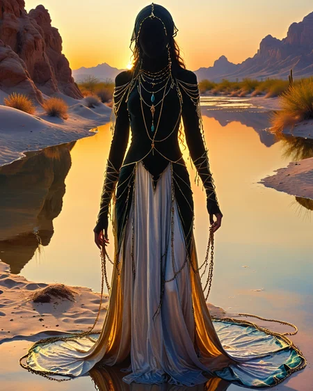 hooded human sorcerer standing at a desert oasis, velvet, chains, captive beautiful princess, water, reflections, partial nudity, golden hour, intense color, high contrast, <lora:add-detail-xl:1.0>,  <lora:xl_more_art-full_v1:0.4>,  <lora:XSfenlie:1> fenliexl, <lora:lora:1>, realistic photo