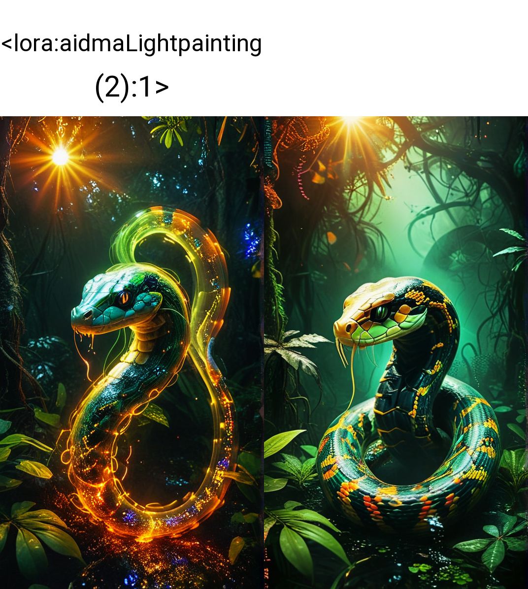 swamp, Multicolored Allien World with AI 3D random dots network and glowing data, dead tree surrounded hundred intricated robotic cobra snake, analog 3D maze hologram, close up x-ray cobra techno with multicolored iron filigree tribal tattoos, brambles with snake DNA, hologram vortex simulation, smoke, opl, gold and silver polish pattern, swamp background, by Tokaito 
,<lora:aidma-Image Upgrader-v0.1:1>,
  <lora:CBS_novuschroma37 style_b:1> novuschroma37 style, style of experimental photography, double exposure 
 <lora:MJ52:0.3>,
 <lora:xl_more_art-full_v1:0.4> ,
<lora:SDXLFaeTastic2400:0.4>
<lora:aidmaLightpainting (2):1> light painting, dark background, green, red