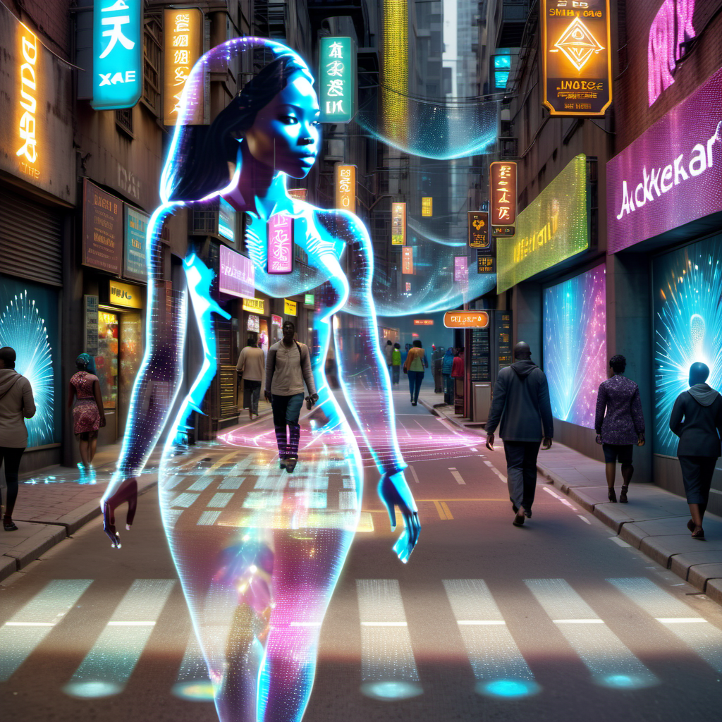 Point-of-view shot photo of transparent hologram woman,  African, busy street scene, advertising, holographic projection, detailed, 8k  <lora:Transparent_Hologram_Woman_epoch-3-resized:1>