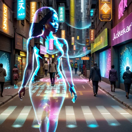Point-of-view shot photo of transparent hologram woman,  African, busy street scene, advertising, holographic projection, detailed, 8k  <lora:Transparent_Hologram_Woman_epoch-3-resized:1>