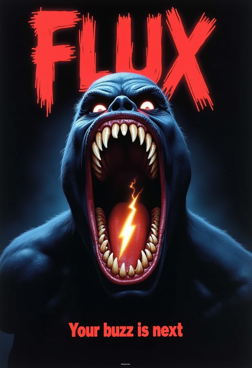90s horror movie poster, dark creature with large open mouth, lots of razor sharp teeth, a buzz lightning bolt glowing in the mouth, top of poster in bold all cap text says "FLUX", bottom of poster says "Your buzz is next"