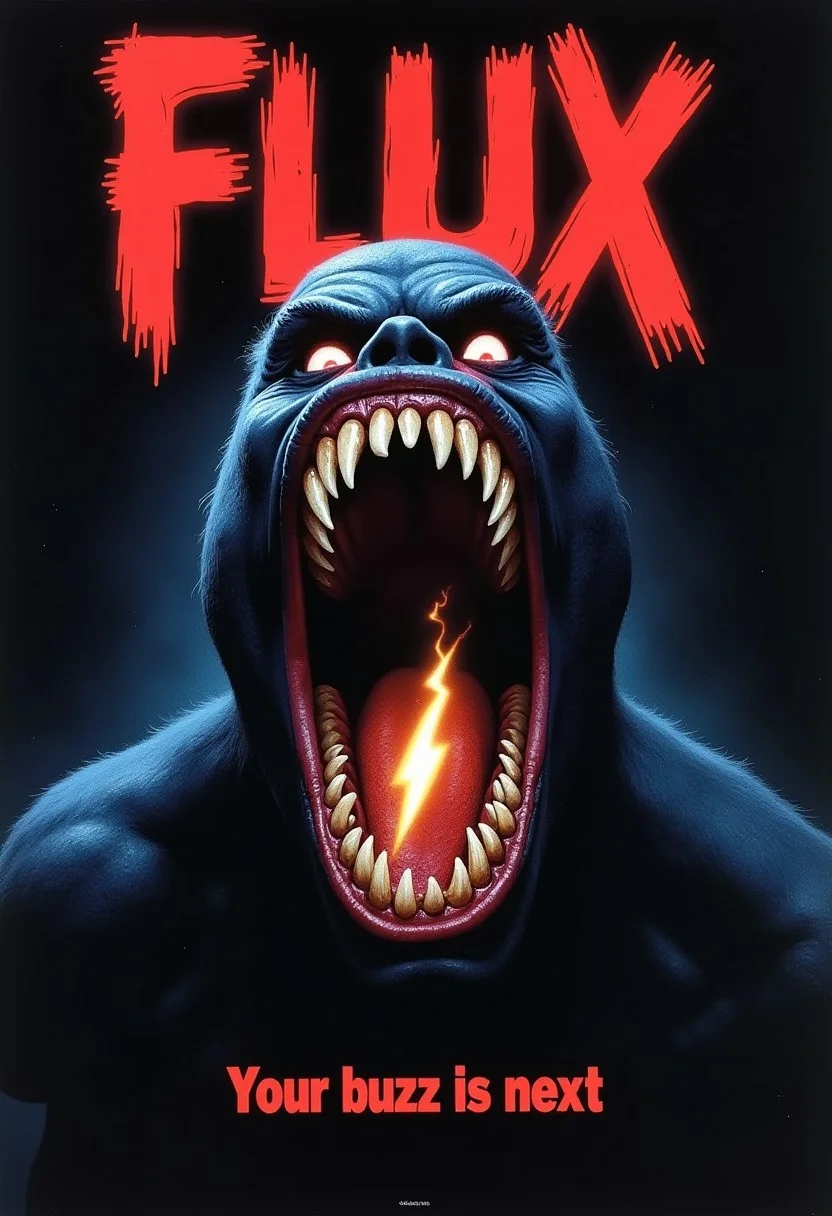 90s horror movie poster, dark creature with large open mouth, lots of razor sharp teeth, a buzz lightning bolt glowing in the mouth, top of poster in bold all cap text says "FLUX", bottom of poster says "Your buzz is next"