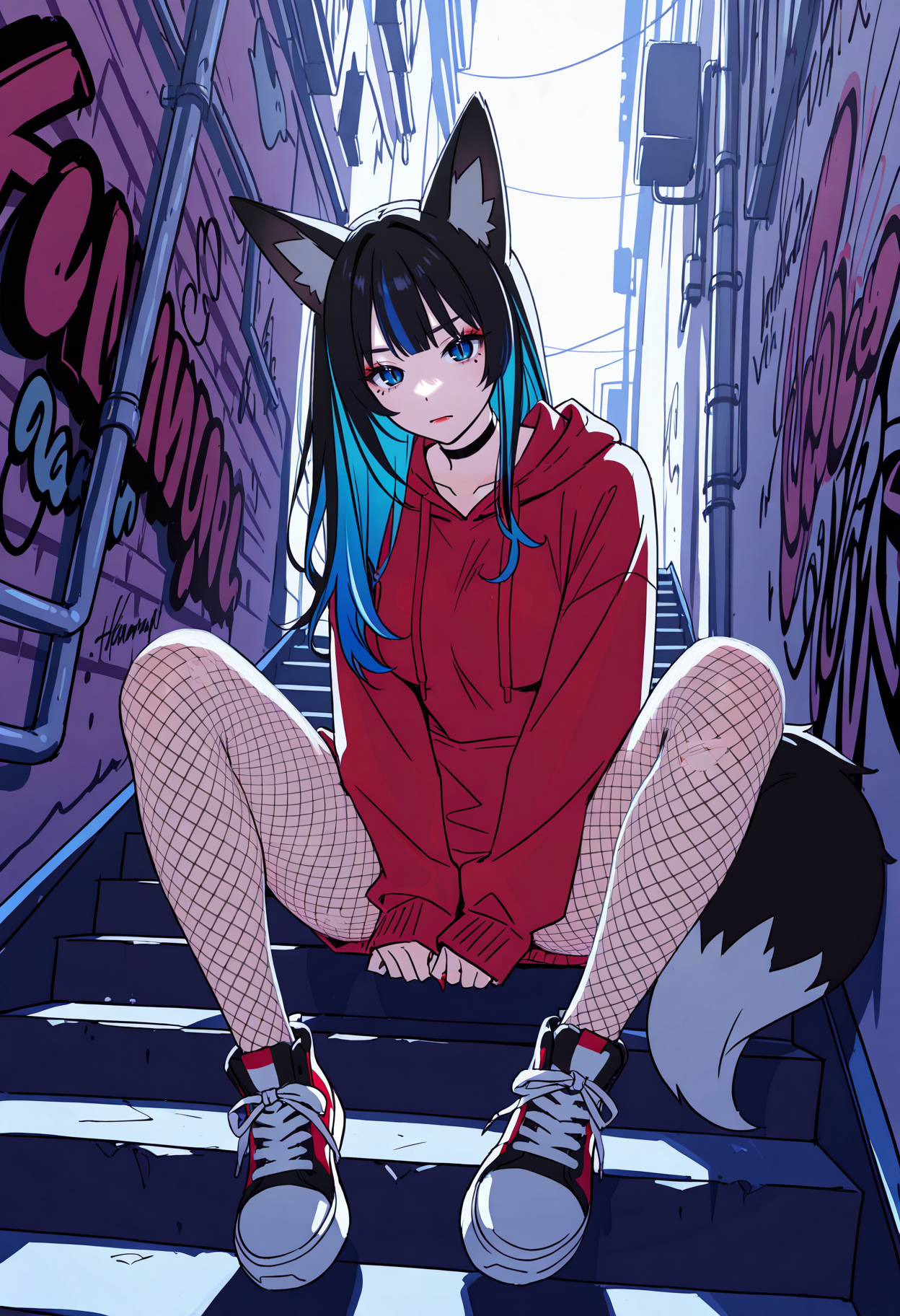 lineart, sketch,
solo, 1foxgirl, medium breasts, blue eyes, slit pupils, long hair, ((black hair), blue hair, multicolored hair, fox ears, fox tail), masacra, eyeshadow, red lipstick, mole,
black choker, fishnet pantyhose, torn fishnet, sneakers, long oversized hoodie, serious expression, dynamic pose, sitting on stairs, dynamic angle, alley, graffiti,
<lora:hamafuguIL-style:1>,hamafugustyle,