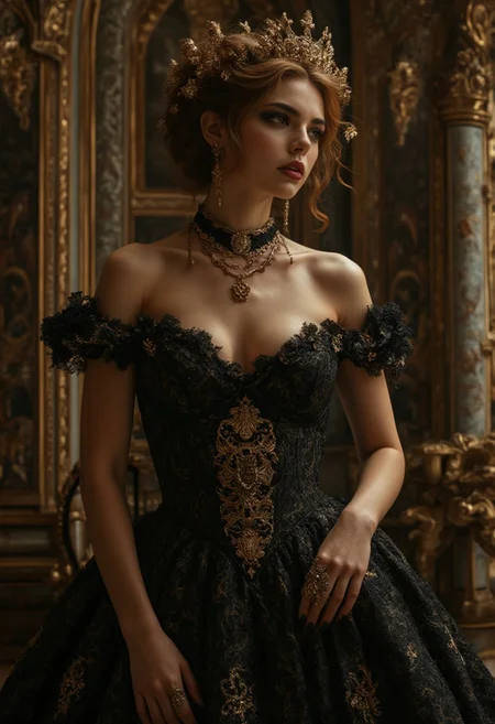 masterpiece, best quality, ultra high res, A masterpiece capturing the captivating allure of a beautiful woman with a devilish figure,adorned in a Baroque-style lace gown. Her generously endowed bust and elegant presence mesmerize in the opulence of a Baroque palace. Expertly composed and ultra-high-resolution,the image evokes an atmosphere of sensuality,mystery,and grandeur,showcasing the woman's allure and the intricate details of her gown in exquisite detail,yosshi film
