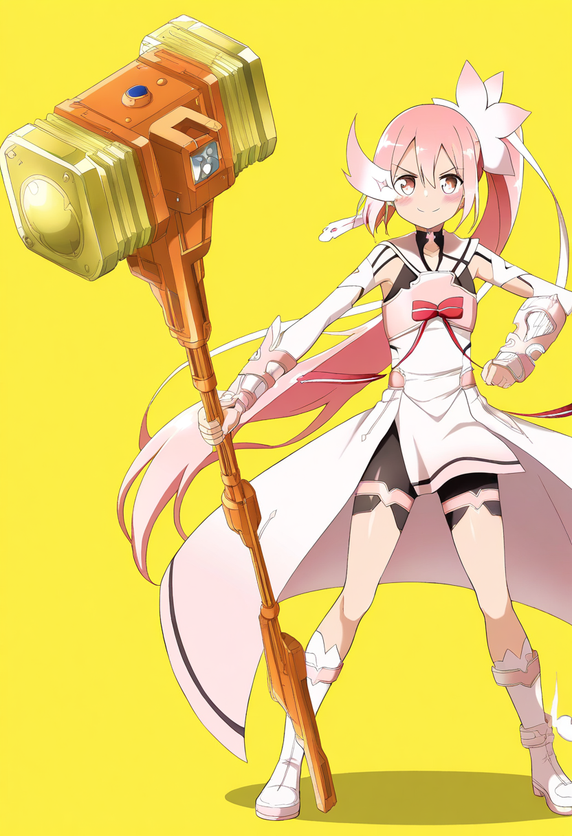 masterpiece,best quality,amazing quality,very aesthetic,absurdres,newest, gorudionhammer, hammer, holding hammer, huge weapon, yellow background, Yuuki hero form, 1girl, solo, blush, hair ornament, ribbon, hair between eyes, very long hair, ponytail, pink hair, pink eyes, side ponytail, magical girl, bike shorts, white dress, boots, serious, confident smile, standing, full body,