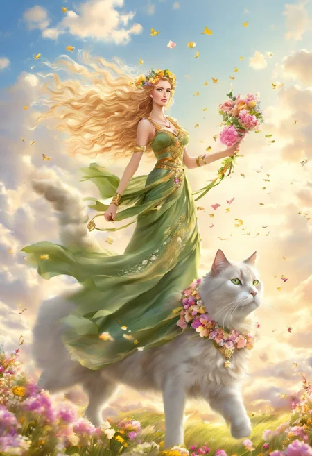 nbn-freyja, 1girl, flower, long hair, blonde hair, dress, jewelry, petals, green dress, sky, cloud, earrings, outdoors, day, staff, wind, cat, freyja, woman, full body, chariot