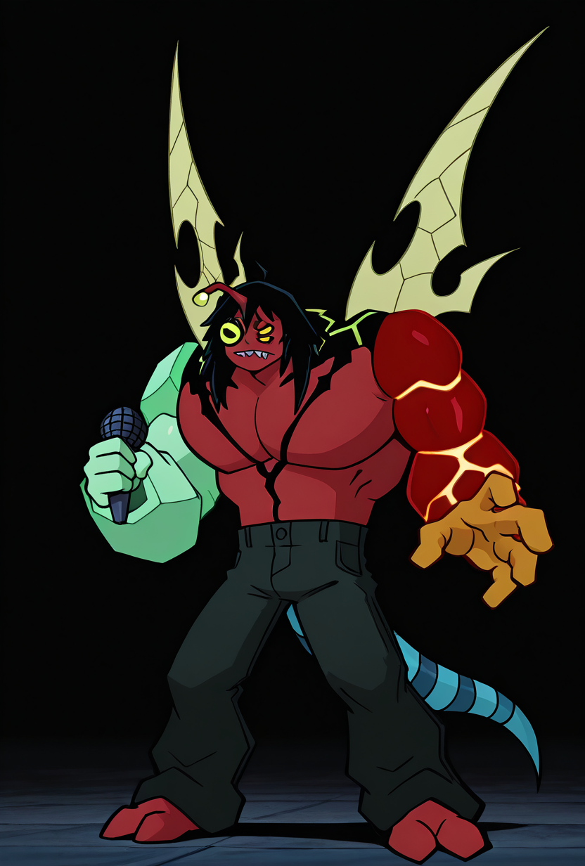 <lora:kev11-06:1> kevin11, solo, male focus, yellow eyes, black hair, red skin, horn, sharp teeth, lime wings, blue tail, 4arms, top hands left green arm, top hands right magma red arm with yellow cracks, bottom hands orange arms, 2 orange arms, big arms, multiple arms,  dynamic pose,   <lora:17bucks_Style_Illustrious:1> 17bucks, gradient color, 2d, standing, holding microphone, full body ,, masterpiece, best quality, amazing quality, very aesthetic, absurdres, newest,