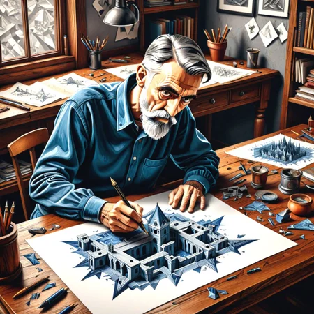 "M.C. Escher pen and ink spilling on desk paper in the shape of M.C. Escher likeness in old artist studio."
"detailed matte painting, deep color, fantastical, intricate detail, splash screen, complementary colors, fantasy concept art, 8k resolution trending on Artstation Unreal Engine 5"