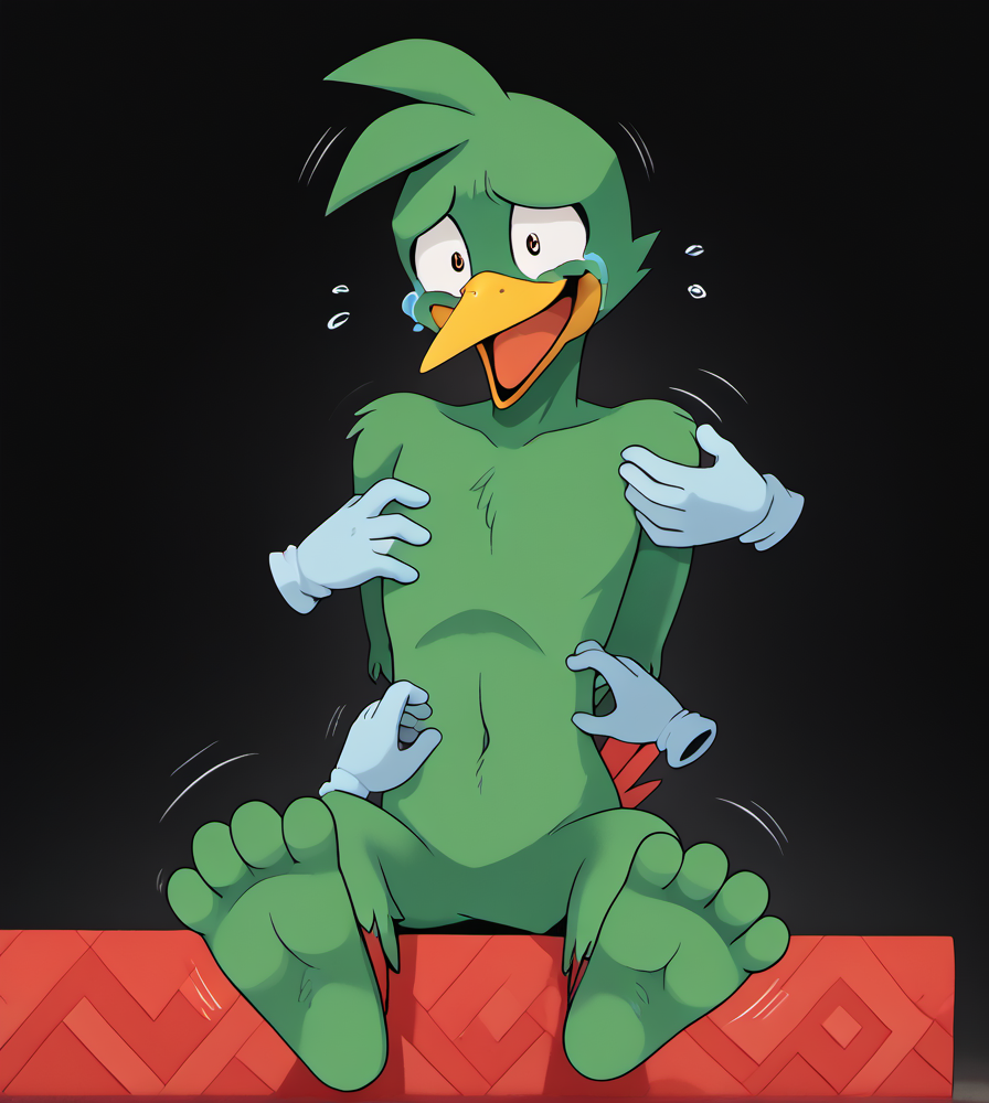 score_9, score_8_up, score_7_up, high res:1.5, digital media (artwork), source_furry, lineless:1.3, motion lines, solo focus, barefoot, shirtless, featureless chest, feet together, legs together, 4 toes:1.3, anthro, male, hands behind back, laughing, constricted pupils, open smile, gaping mouth, head tilt, tears, smile, three-quarter view, sitting, tickling, tickle fetish, tickle torture, disembodied hand, ghost hands, quill, loose feather:1.3, tickling feet, foot grab, hand on chest, tickling belly, foot focus, carnival background, <lora:TickLoRA_-_PDXL:0.8> <lora:Feet_Tickling_V2:0.65> <lora:Bean_the_Dynamite_Sonic_the_Hedgehog:0.9> bean the dynamite, avian, gloves, beak, tail feathers, green skin, pupils