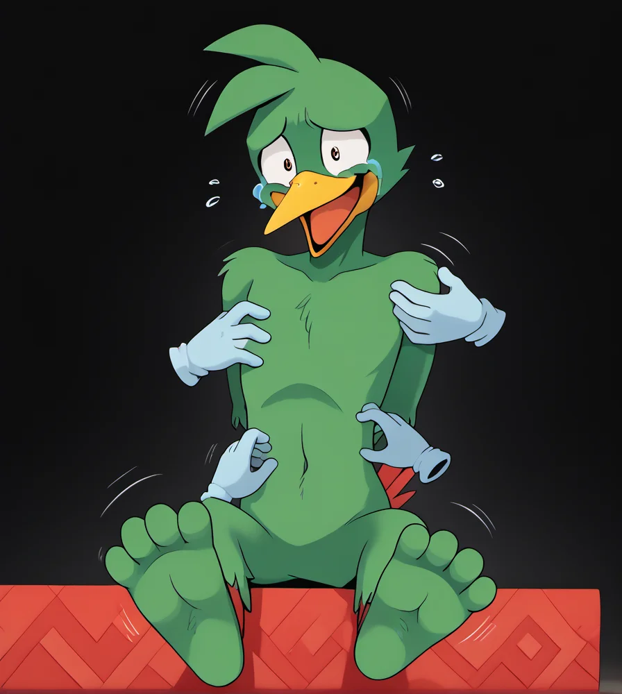 score_9, score_8_up, score_7_up, high res:1.5, digital media (artwork), source_furry, lineless:1.3, motion lines, solo focus, barefoot, shirtless, featureless chest, feet together, legs together, 4 toes:1.3, anthro, male, hands behind back, laughing, constricted pupils, open smile, gaping mouth, head tilt, tears, smile, three-quarter view, sitting, tickling, tickle fetish, tickle torture, disembodied hand, ghost hands, quill, loose feather:1.3, tickling feet, foot grab, hand on chest, tickling belly, foot focus, carnival background, <lora:TickLoRA_-_PDXL:0.8> <lora:Feet_Tickling_V2:0.65> <lora:Bean_the_Dynamite_Sonic_the_Hedgehog:0.9> bean the dynamite, avian, gloves, beak, tail feathers, green skin, pupils