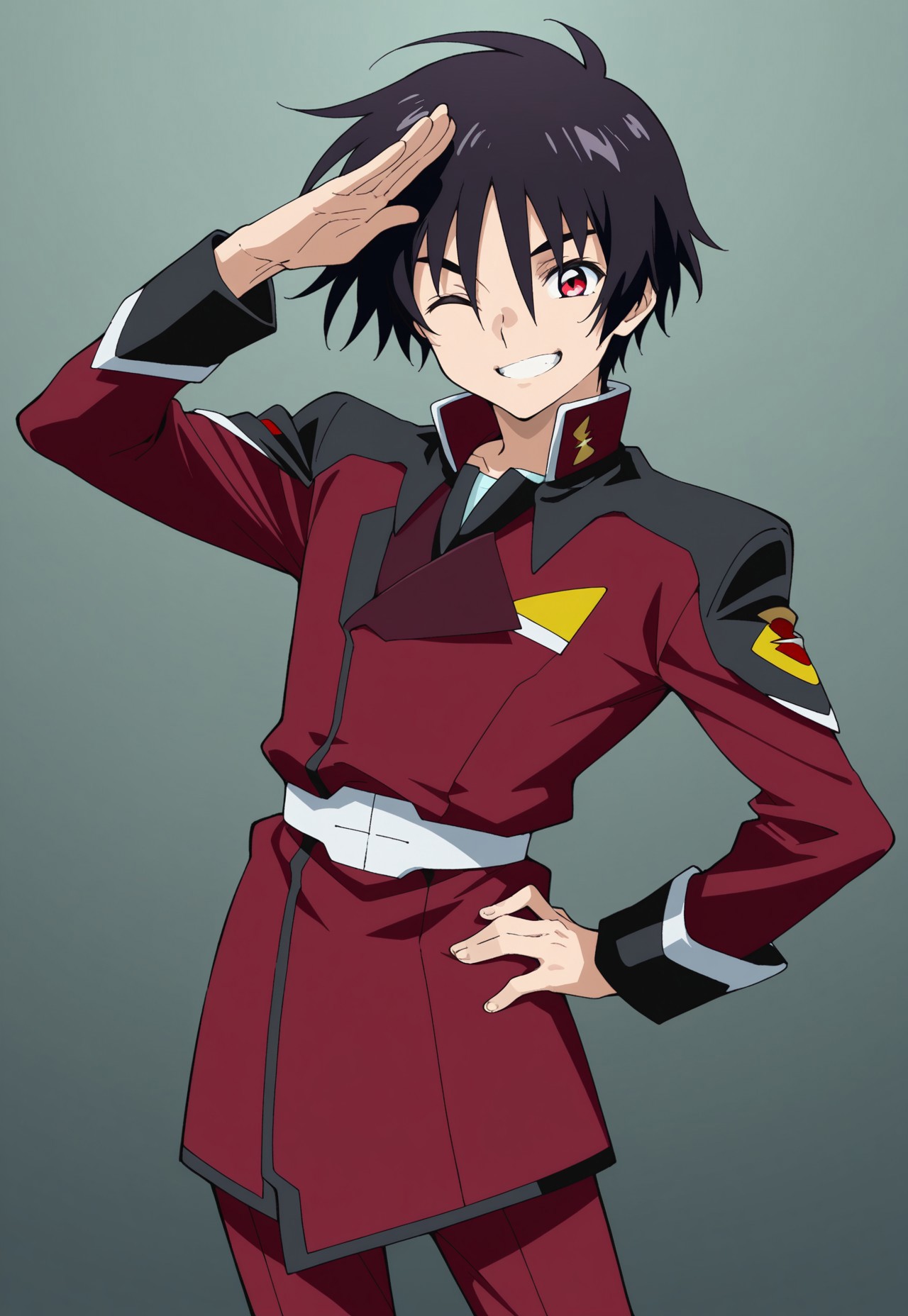 masterpiece,best quality,amazing quality, source_anime, 

ShinnAsuka, 1boy, male focus, solo, red eyes, black hair, uniform, military, military uniform, jacket, red jacket, long sleeves, belt, white belt, pants, red pants,  salute, smile, grin, one eye closed,