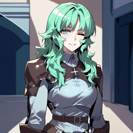 zPDXL3, score_9_up, score_8_up, score_7_up, (Anime_source), 1girl, standing, looking at viewer, smiling, wink, VivianBelkan blue eyes, green hair, long hair, leather armor