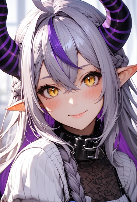 score_9, score_8_up, score_7_up, 1girl, solo, long hair, looking at viewer, blush, smile, bangs, long sleeves, hair between eyes, closed mouth, yellow eyes, upper body, purple hair, braid, ahoge, grey hair, multicolored hair, horns, pointy ears, virtual youtuber, collar, streaked hair, sleeves past wrists, slit pupils, demon horns, sleeves past fingers, metal collar, striped horns, la+ darknesss