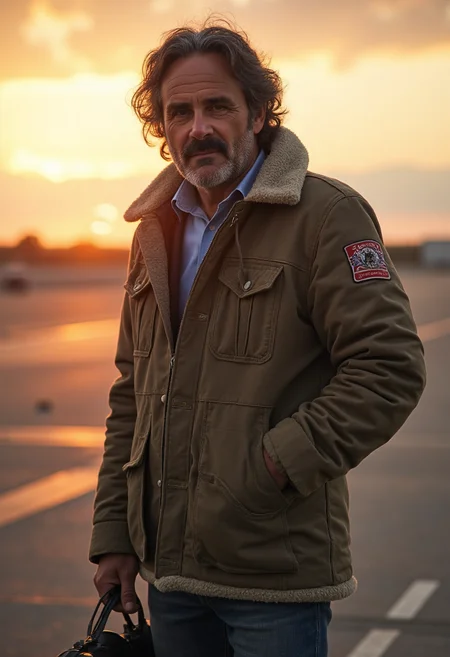 yfg-l3ms, YFG-Th3Dud3 a vintage 57-year-old pilot, bomber jacket and goggles in hand, standing on a windswept tarmac at dawn