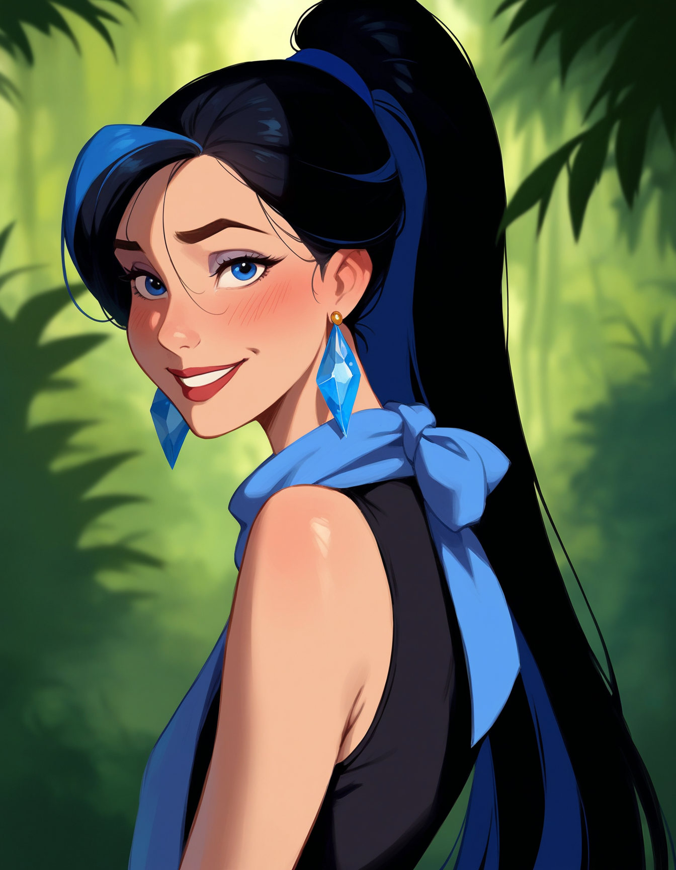 score_9, score_8_up, score_7_up,
Disney Animation,
1girl, 25 years old, perfect face, (adult), sexy, looking at viewer, 
blue eyes, 
very long hair, black hair, colored inner hair, blue hair, high ponytail, 
small blue earings, crystal earrings,
black sleeveless shirt, blue scarf,
blurry background, depth of field, jungle, forest, green background,
blush, shy smile, 
portrait, face focus, detailed face,
<lora:Disney_Animation_Pony_v1:1> ,