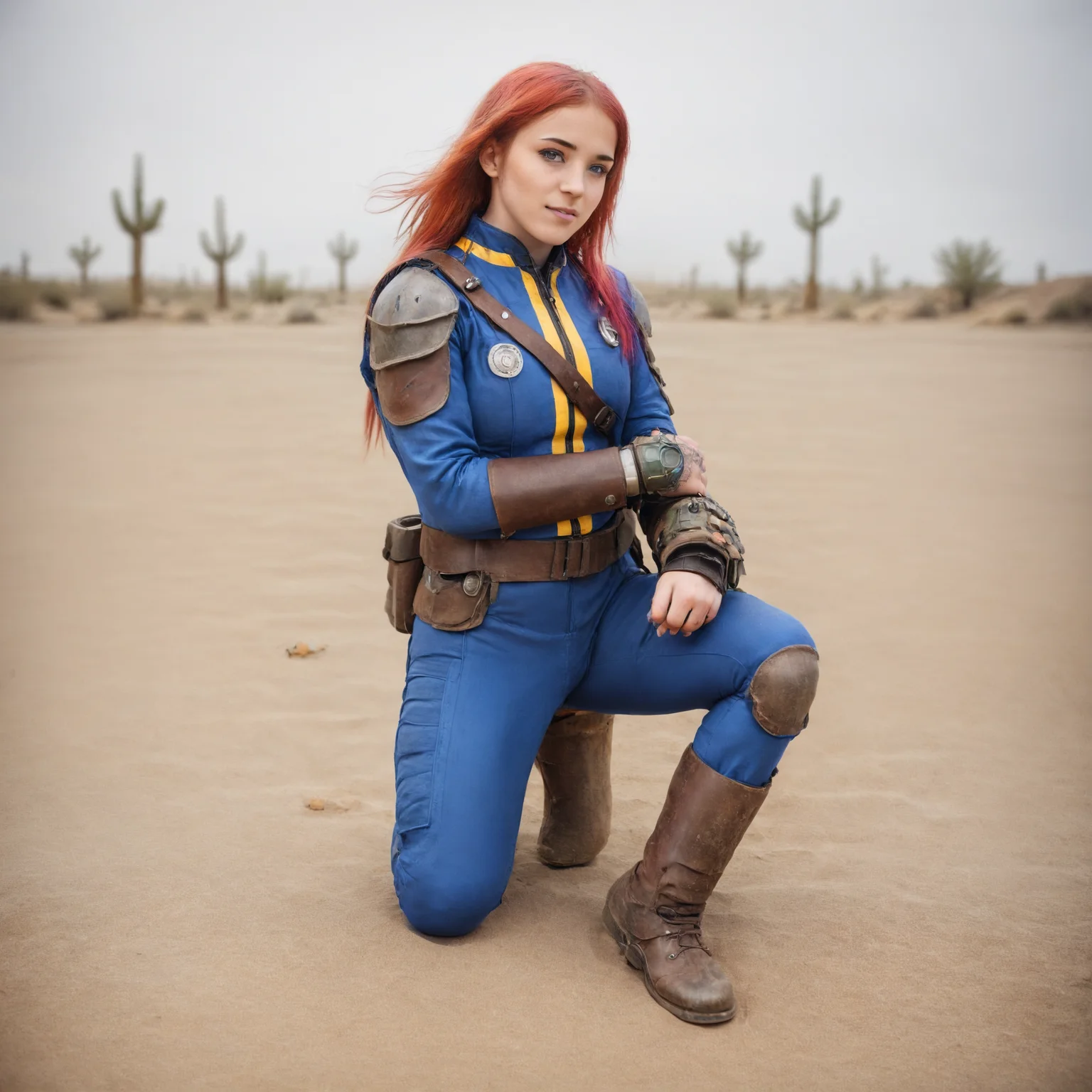 A full body photograph of a beautiful 20 year old rainbow hair girl wearing a Vault Suit with Leather Armor and a Pipboy on her wrist in a desert wasteland <lora:Fallout_Vault_Suit-000008:0.6> <lora:Perfect Hands v2:0.75> Perfect Hands