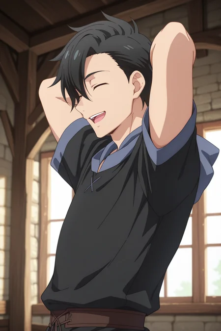masterpiece, best quality, amazing quality,high resolution, intricate details,official style,depth of field,anime screencap, , , 1boy, solo, male focus, <lora:kelvin_celsius:0.70>,kelvin celsius,black hair,side swept,short hair,closed eyes,smile,open mouth,village,medieval shirts,short sleeves,medieval tunic,arms up,hood,indoors,arms behind head,from side,upper body