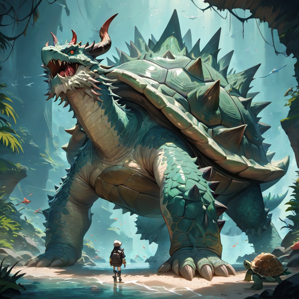 masterpiece, best quality, newest, absurdres, highres, DTV1.0, Turtle, Dragon, monster, spikes, horns, shell, spiked shell,