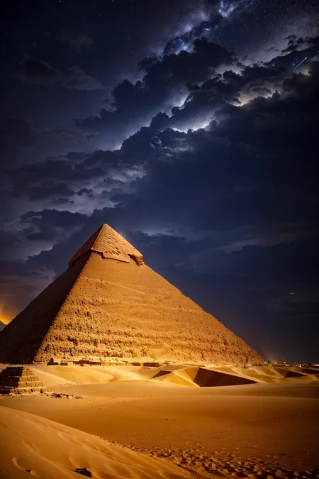 in the desert the great pyramid of giza thunderstorm flashes from the top of the great pyramid to the universe, <lora:epi_noiseoffset2:1> <lora:Expressive_H:1> Expressiveh <lora:add_detail:1>