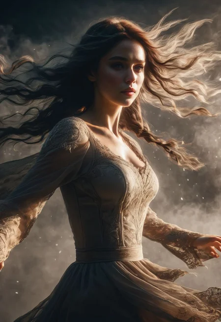 A full body character of a woman, dynamic motion blur, lens flares,more dramatic lighting, deeper and more contrasted shadows, color grading, high detail, 4k resolution, ultra HDR, and ghostly beauty. The image should reflect intricate details, raw photo quality, and a windy atmosphere.