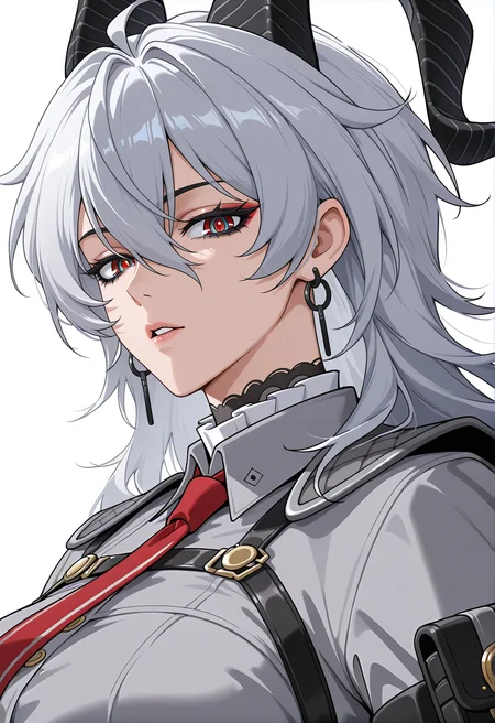 <lora:Zani_illustrious-000040:1>,
Zani \(wuthering waves\),solo,gloves,necktie,shirt,looking at viewer,red necktie,breasts,earrings,collared shirt,parted lips,white shirt,grey shirt,cape,simple_background,white_background,multi-colored eyes,portrait,multi-colored eyelash,red eyes
