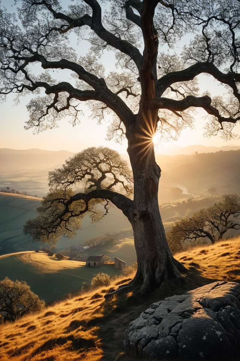 (((a peaceful hilltop with a single, ancient oak tree overlooking the valley below.))), Soft Beige, Cozy Comfort: warm lighting, beige tones, soft focus, cozy ambiance, comforting elements, gentle textures, tranquil look, cozy atmosphere, comforting aesthetics, capturing emotions, serene scenes, artistic feel, storytelling through textures, professional technique, gentle light manipulation, cozy concept, comforting styling, tranquil environment, surreal aesthetics, captivating narratives, intricate details, cozy landscape, editorial storytelling, warm glows, evoking comfort, pushing creative vision <lora:add-detail-xl:2> <lora:Cosine_freck:1>