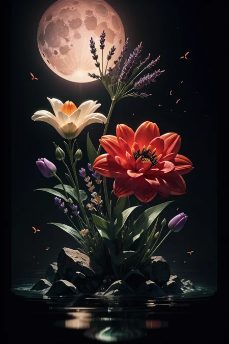 <lora:Calligraphy-ink-style-darquelilly-v1:1> calligraphyinkstyle, different flowers and gemstones, lavender, dahlia, tulips, mimosas, roses and poppies, harmonic fusion, volumetric lighting, night time, moonlight reflects in the water, black background, <lora:Crystals:0.5> crystalz
