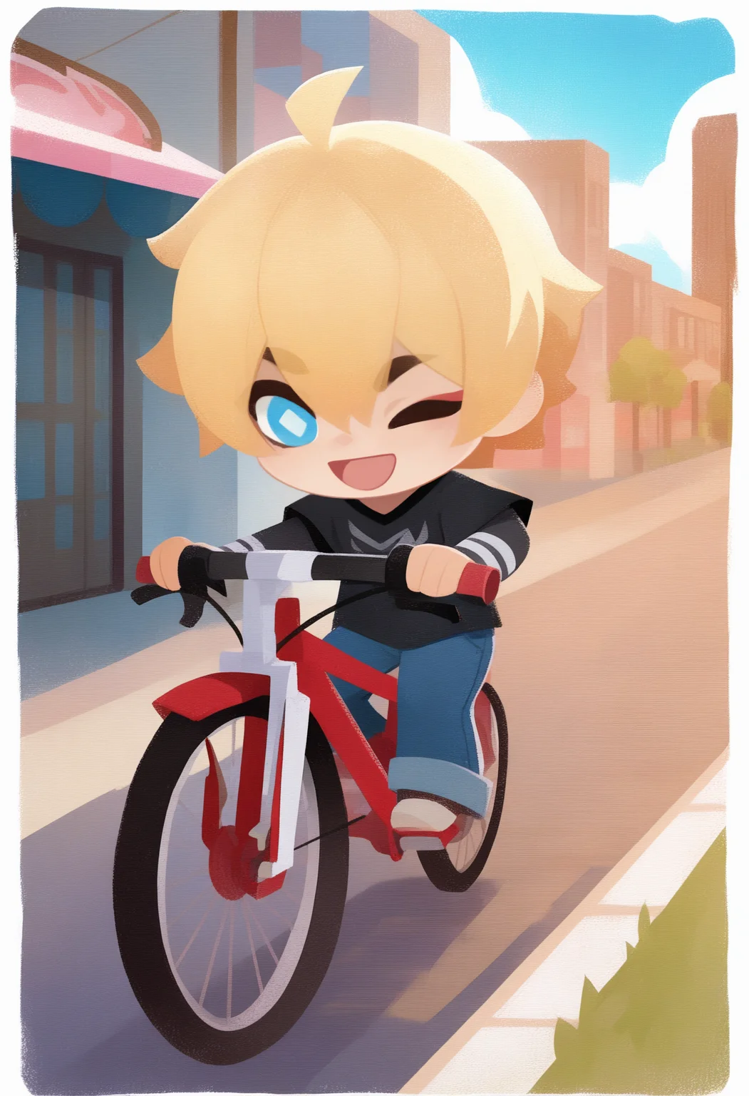 onmyojistyle, chibi, masterpiece, best quality, <break> white border, solo, male focus, 1boy, :d, riding bicycle, short hair, blonde hair, ahoge, blue eyes, diamond-shaped pupils, one eye closed, black shirt, short over long sleeves, jeans, outdoors, blue sky, cloud, sidewalk, car, building
<segment:yolo-Anzhc Face seg 640 v2 y8n.pt,0.4,0.5//cid=1>