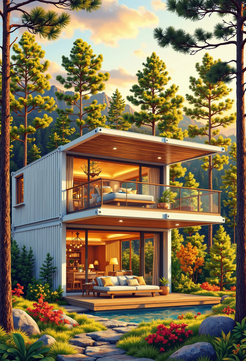 A luxurious big white creative container villa in the forest, natural, natural scenery, panoramic view, wide angle of super distance