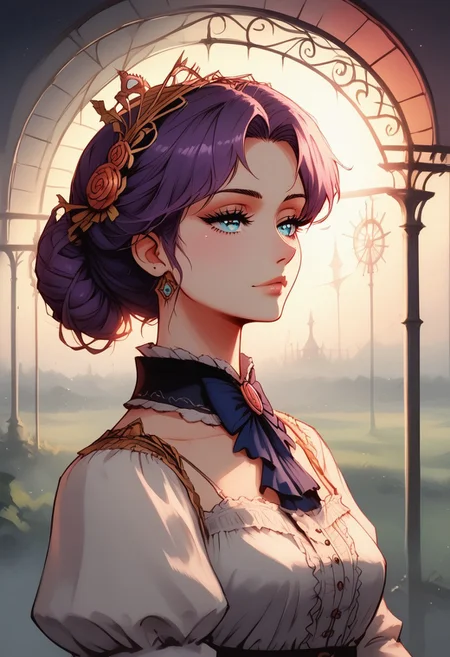 score_9, score_8_up, score_7_up, source_anime, 8k, extremely high definition, dramatic lighting, best quality, extremely detailed, side view, ddpapa, masterpiece, vivid lighting, perfect details, depth of field, sketch, sharp focus, soft lighting, hdr, colorful, good composition, spectacular, vivid colors, volumetric lighting, moody lighting, bloom, gaussian blur, absurd, raytracing, 3>lora in weight of: 1.5 + detailed eyes, detailed face, 
BREAK
solo, Female, portrait, cowboy shot, Train conductor, top hat, stopwatch, pretty eyes, gorgeous, sexy, alluring, perfect face, piercing eyes, bedroom eyes, cyber Dystopian, shadowrun, Enigmatic woman draped in shadows, conductor uniform, medium breasts, wearing a detailed, uniform, purple hair, short hair, sharp bangs, (Partially obscured face, revealing only piercing eyes adorned with kohl.arcane energy aura), sexy body, cowboy shot,  masterpiece, ultra-detailed, semi-realistic, kohl.arcane imbued eyes, victorian era, victorian setting,