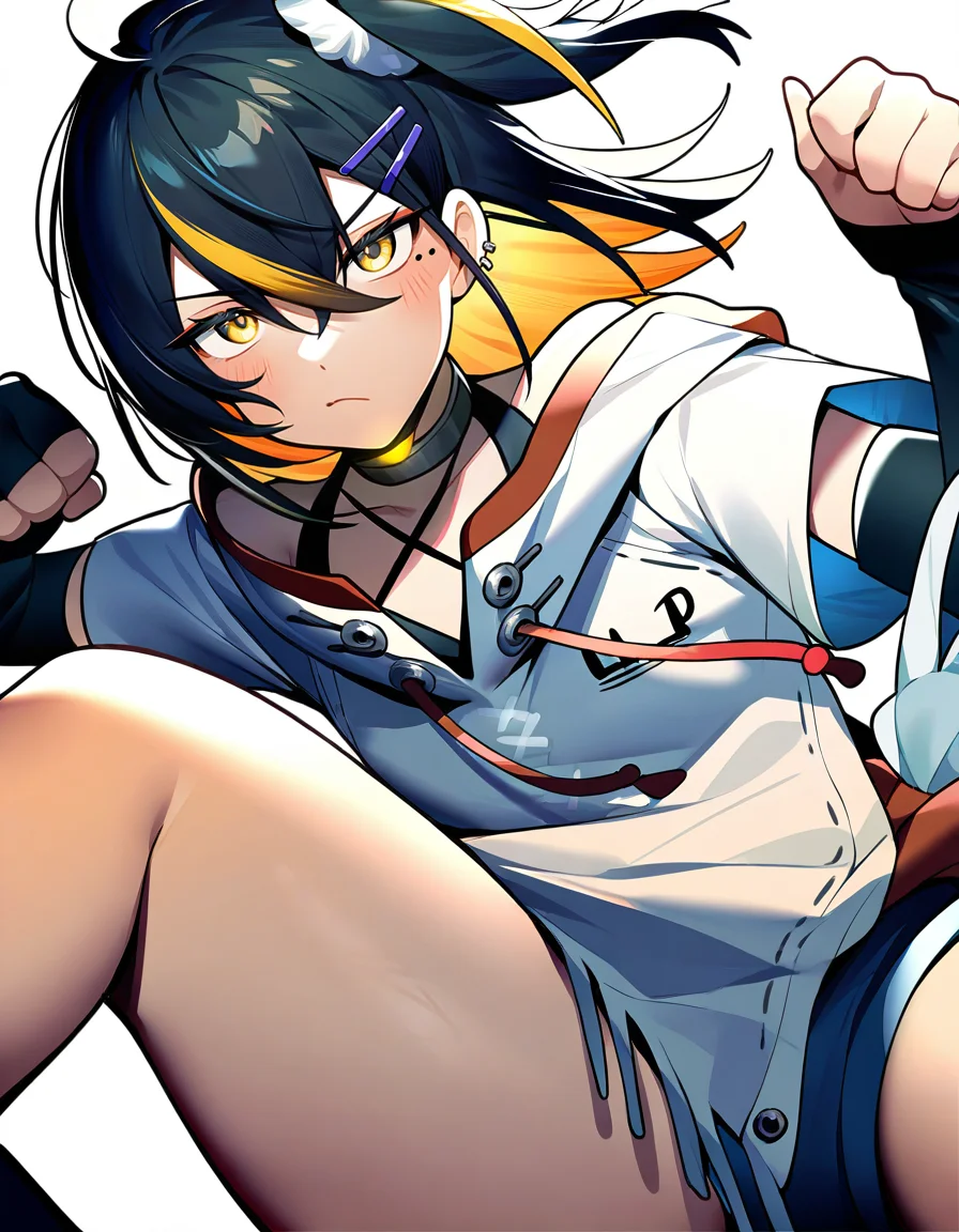 simple background,white background,punching,fist,squatting,looking at viewer,
<lora:naina_noob>,naina,1girl,solo,black hair,multicolored hair,hairclip,hair ornament,yellow eyes,blonde hair,mole under eye,mole,ear piercing,collarbone,medium hair,hair between eyes,piercing,bangs,orange hair,streaked hair,two-tone hair,jewelry,jacket,criss-cross halter,white hoodie,short sleeves,bare shoulders,halterneck,shirt,short shorts,elbow gloves,fur trim,dynamic_angle,
masterpiece,best quality,very aesthetic,absurdres,
