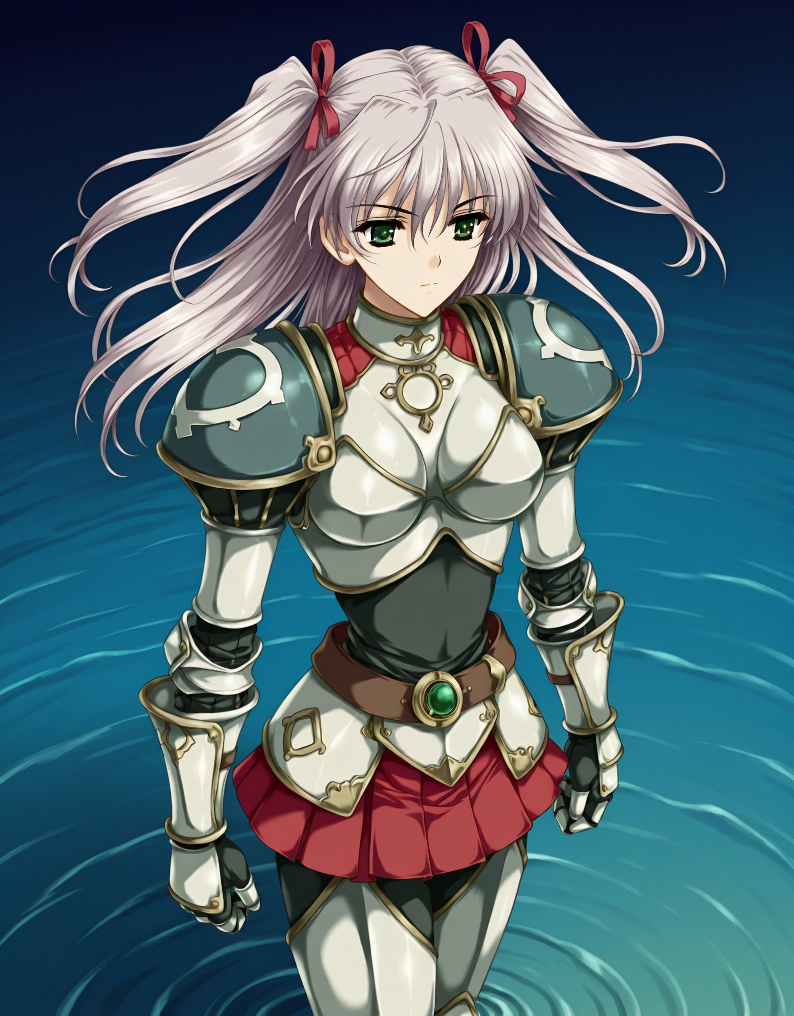 masterpiece,best quality,very aesthetic,huge filesize,zPDXL,tamiyaakito_style,<lora:tamiyaakito>,2girls,
BREAK skinny,1girl,standing on liquid,cowboy_shot,front view,<lora:suvia_v5-000018:0.7>,suviav5,1girl,solo,long hair,ribbon,hair ribbon,green eyes,two side up,breasts,twintails,medium breasts,grey hair,(a domineering girl:1.3),skinny,standing,armor,shoulder armor,pauldrons,belt,breastplate,gauntlets,shoulder pads,red skirt,pleated skirt,(thigh armor:1.3),long hair,