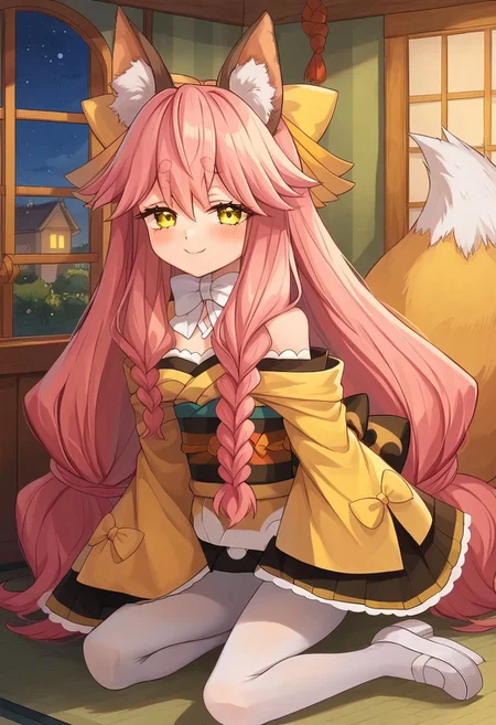 score_9, score_8_up, score_7_up, source_anime, prefect lighting, very aesthetic, intricate details, highly detailed background, masterpiece, high quality, prefect hands, best quality, 1girl, (shortstack:0.8), solo, <lora:aria.pony:1>, aria, pink hair, long hair, braid, yellow eyes, animal ear fluff, fox ears, fox tail, yellow hair bow, small breasts, yellow kimono, japanese clothes, long sleeves, sleeves past wrists, wide sleeves, white bow, bare shoulders, white pantyhose, obi, ribbon, white footwear, gentle smile, blush, indoors, house, bedroom, night, night sky, looking at viewer, pov