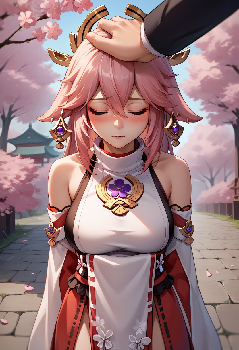 score_9, score_8_up, score_7_up, source_anime, 1girl, yae miko, headpat, pov hands, <lora:Headpat_XLPD:1>, cowboy shot, closed eyes, blush, shy, outdoors, cherry blossoms,