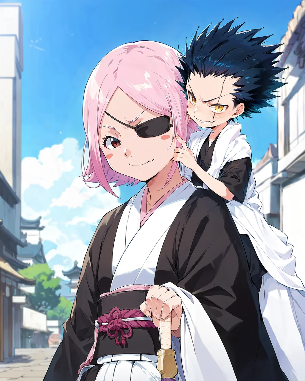 score_9, score_8_up, score_7_up, best quality,masterpiece,(source_anime:1.2),1 girl, eye patch, tall, Yachiru Kusajishi, smirking, short pink hair, kimono, feodal japan, marble floor, white city, heaven, white stone city, (depth of field, blurry:1.2)<lora:Yachiru_Kusajishi:1>
