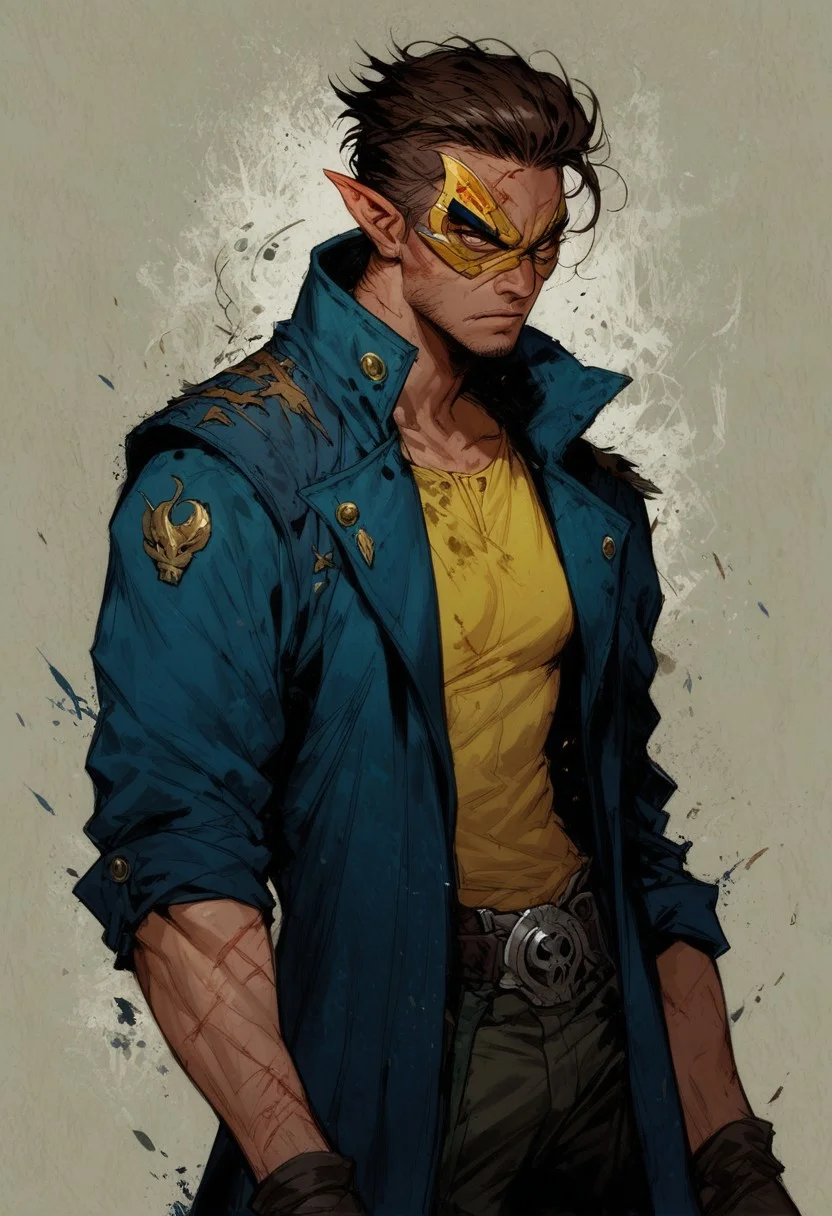 score_9, score_8_up, score_7_up, 1man, solo, 23 year old, serious, determined look, medium short hair, brown hair, wolverine haircut, shifter, dark blue jacket with yellow lines, hood mask, masked, yellow shirt, yellow mask with blue ears, pointy ears,blood, scars, slim body, easynegative