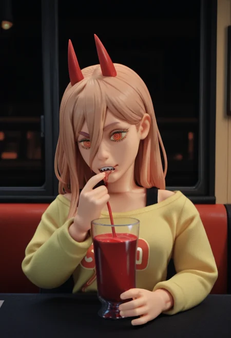 r0b0style, 3d figure, masterpiece, best quality, solo, power \(chainsaw man\), red horns, drinking blood smoothie, straw, street, seated in diner, warm colors, window,