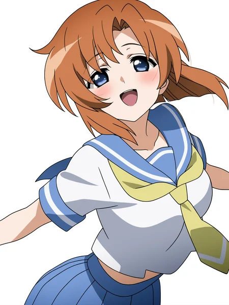 higurashikira, anime screencap, anime coloring, 1girl, ryuuguu rena, solo, breasts, medium breasts, blue eyes, blush, open mouth, orange hair, short hair, big breasts, simple background, white background, blue school uniform, serafuku, skirt, smile, pleated skirt, blue skirt, necktie, yellow necktie, looking_at_viewer, 
(masterpiece, best quality, absurdres, highres, newest, very awa, year 2024:1.2),  